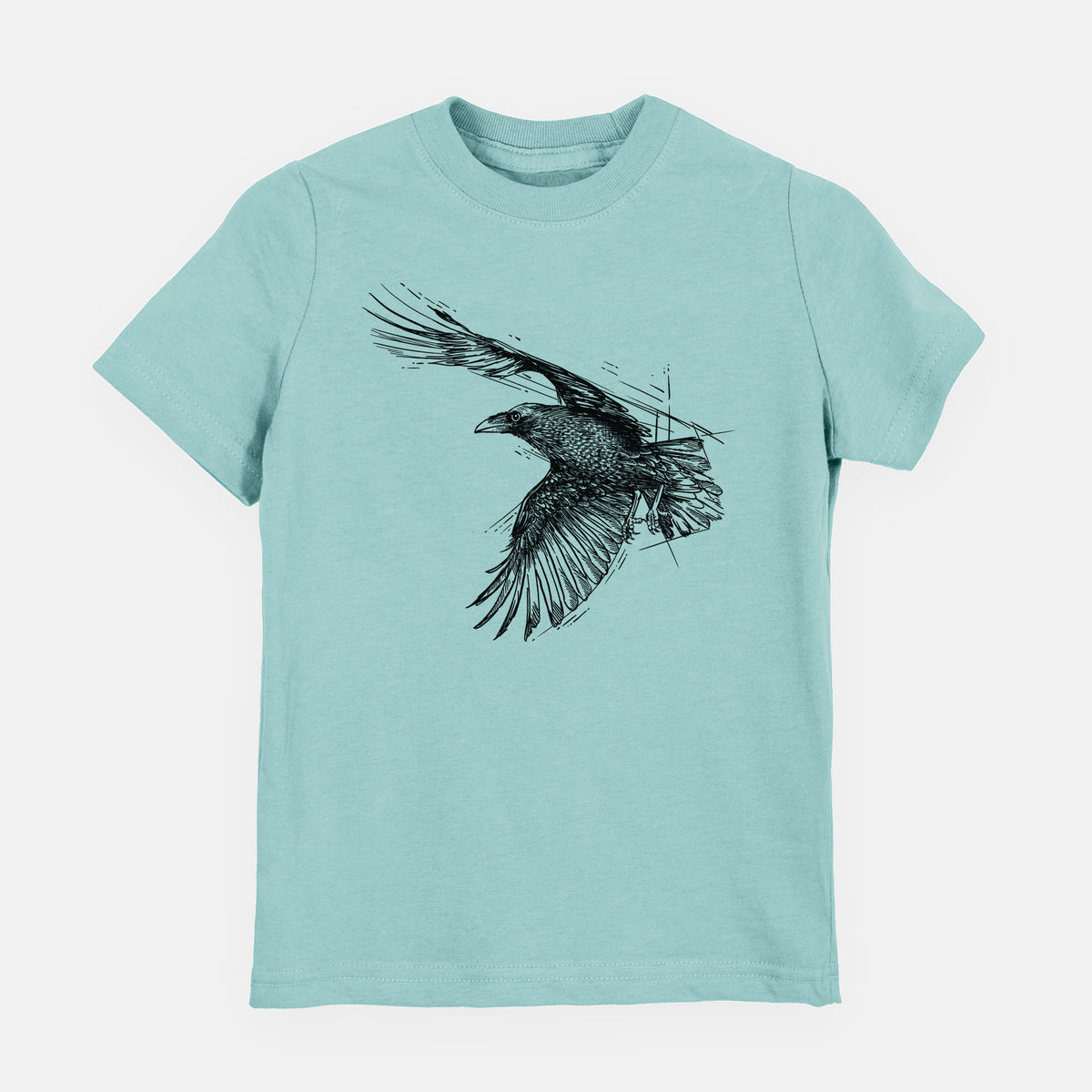 Saltwater youth t-shirt laid flat, printed with a black ink illustration of a raven in flight with its wings spread.