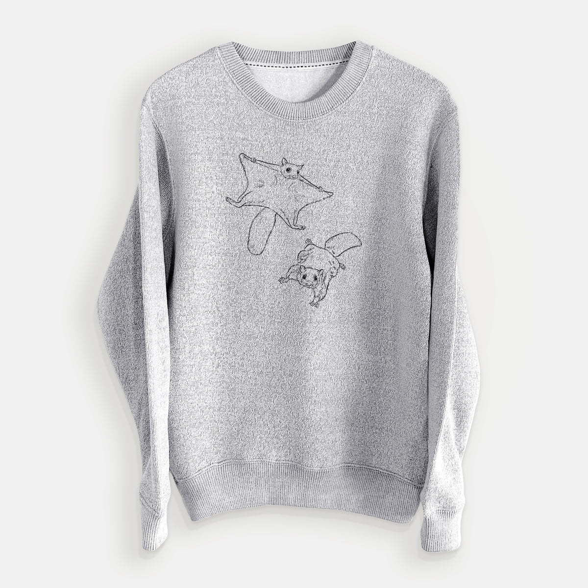 Salt and pepper knit sweatshirt laid flat, printed with a black ink illustration of two flying squirrels gliding with their skin flaps spread.