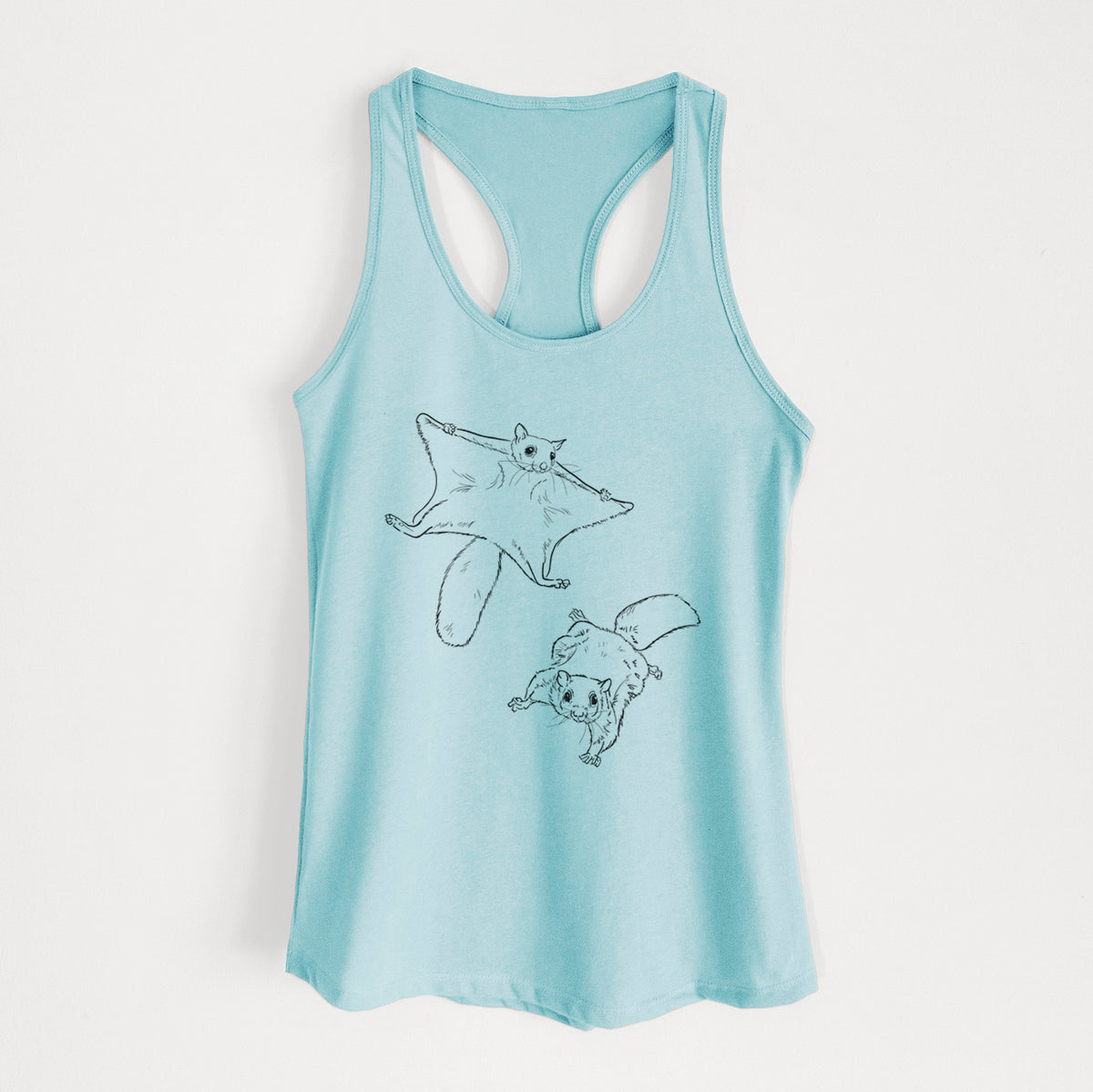Cancun blue women's racerback tank top laid flat, printed with a black ink illustration of two flying squirrels gliding with their skin flaps spread.