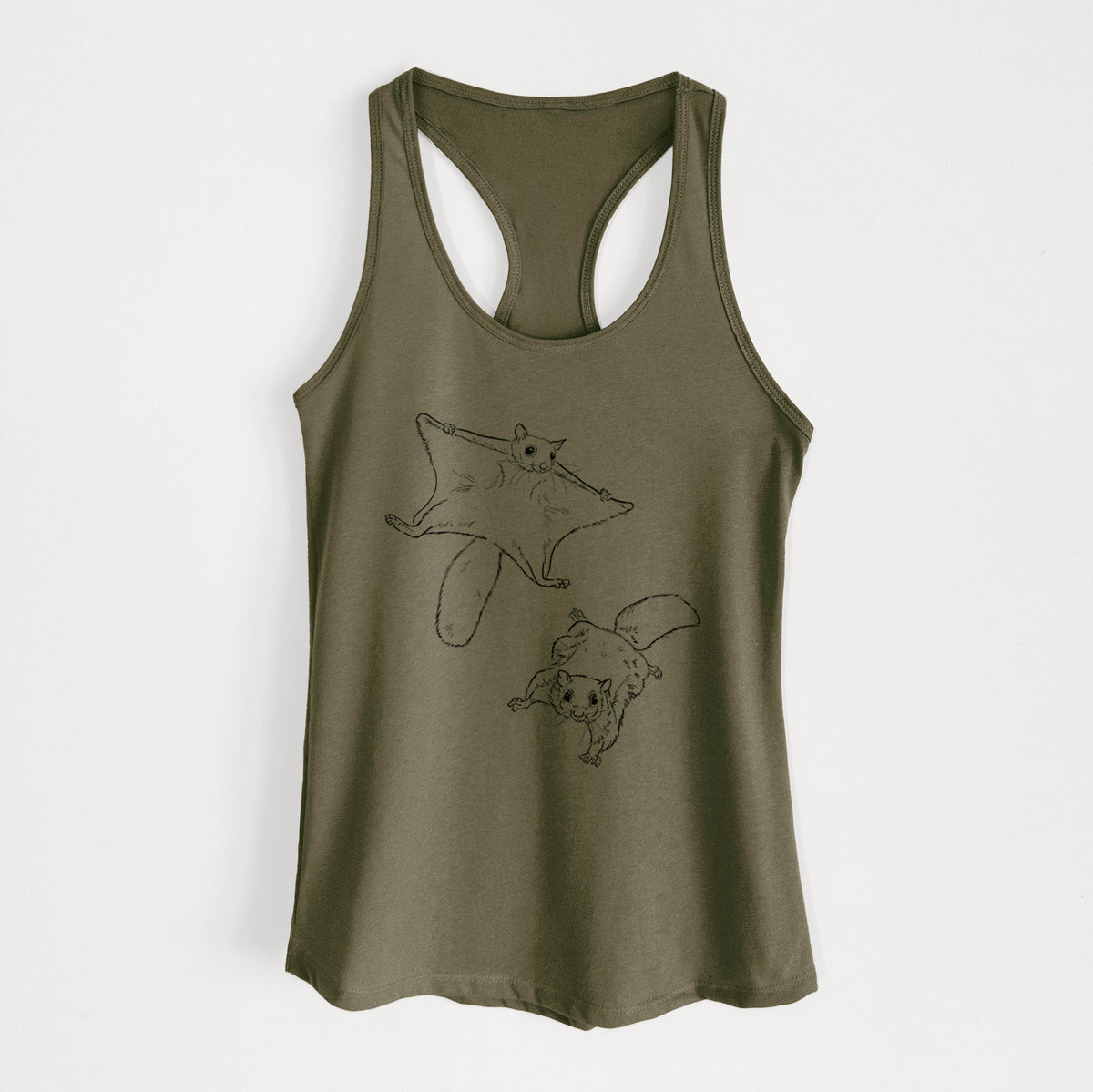Military green women's racerback tank top laid flat, printed with a black ink illustration of two flying squirrels gliding with their skin flaps spread.