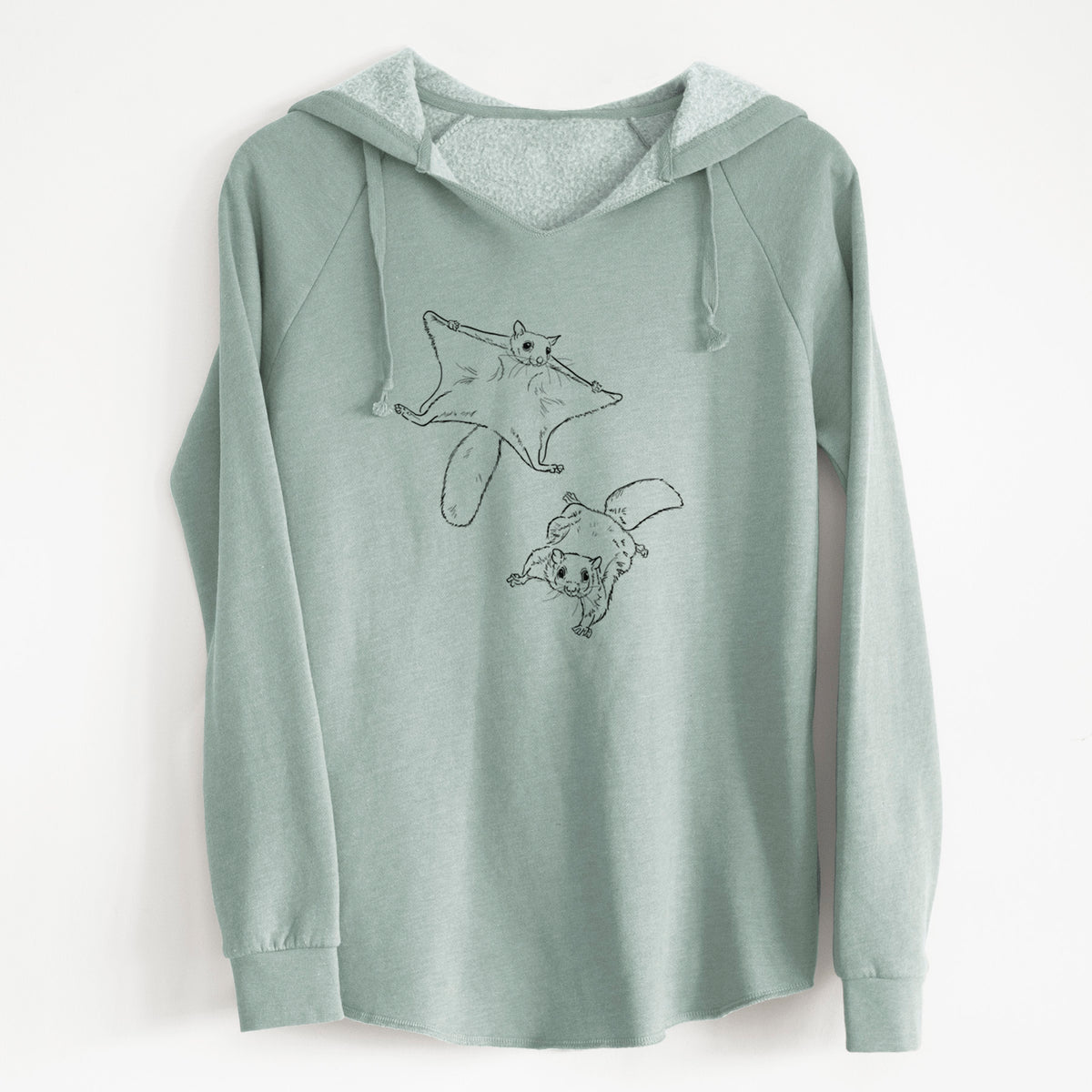 Sage green women's Cali Wave hooded sweatshirt laid flat, printed with a black ink illustration of two flying squirrels gliding with their skin flaps spread.