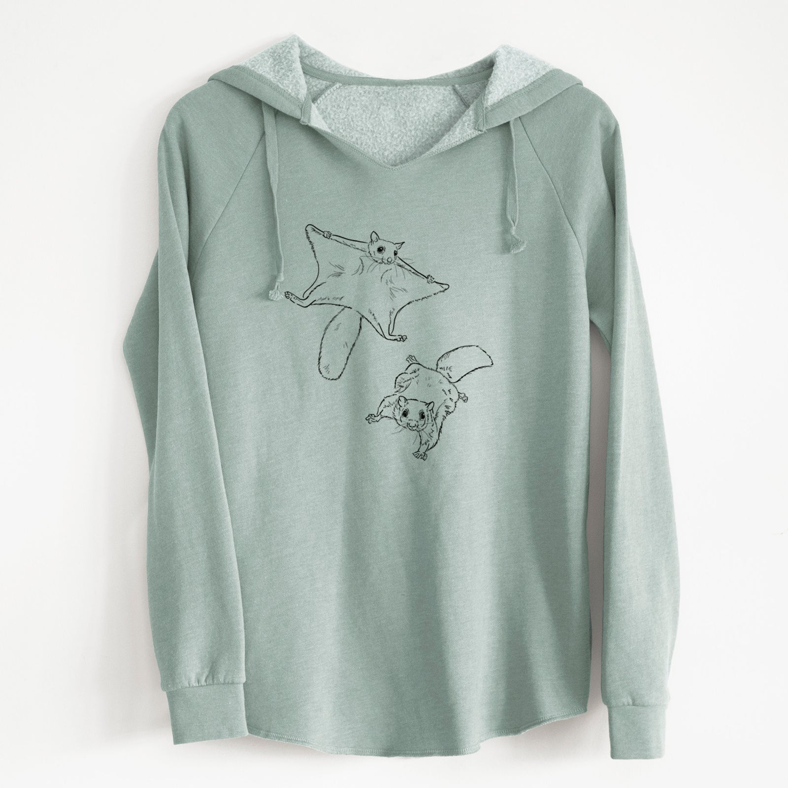 Sage green women's Cali Wave hooded sweatshirt laid flat, printed with a black ink illustration of two flying squirrels gliding with their skin flaps spread.