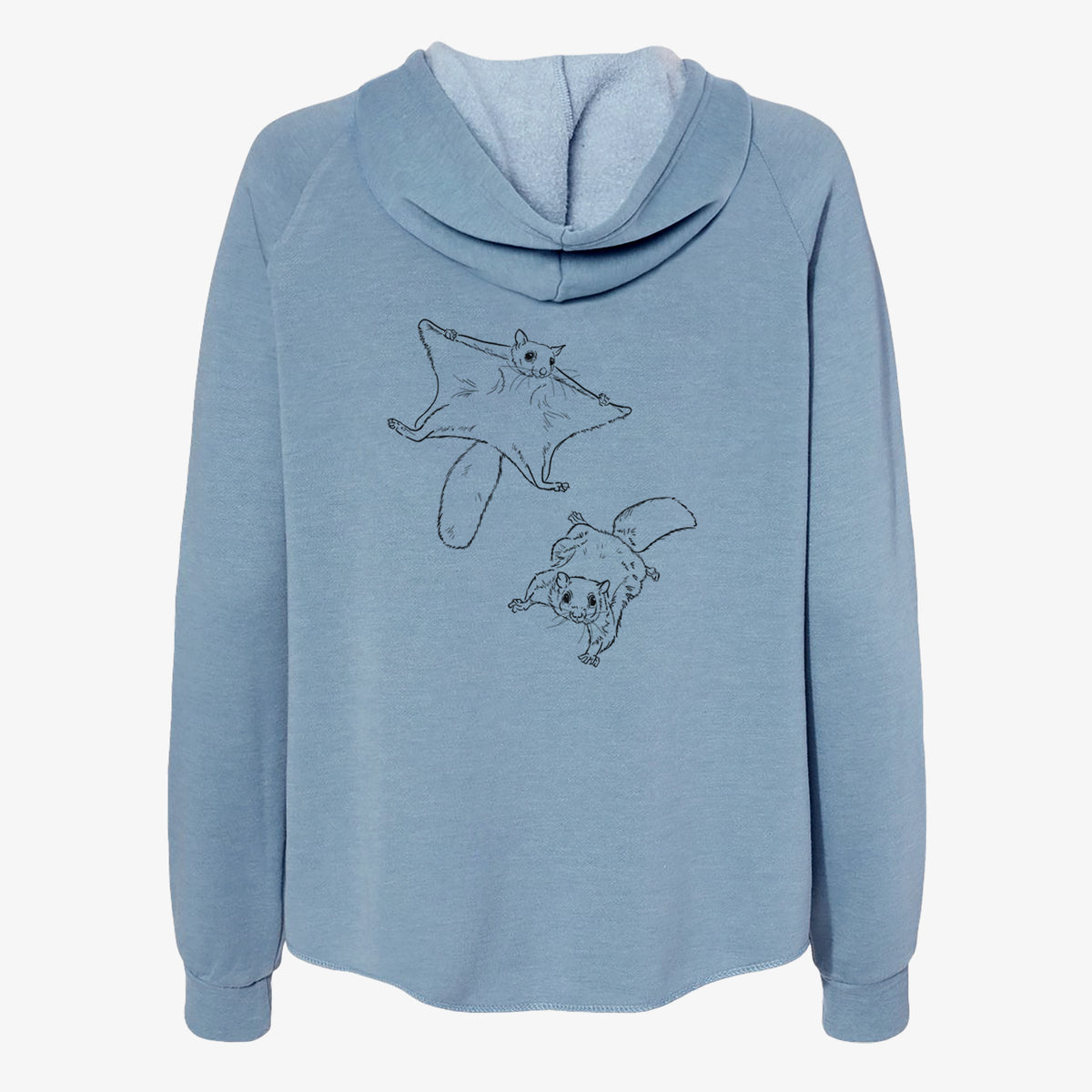 Misty blue women's Cali Wave zip-up sweatshirt laid flat, printed with a black ink illustration of two flying squirrels gliding with their skin flaps spread.