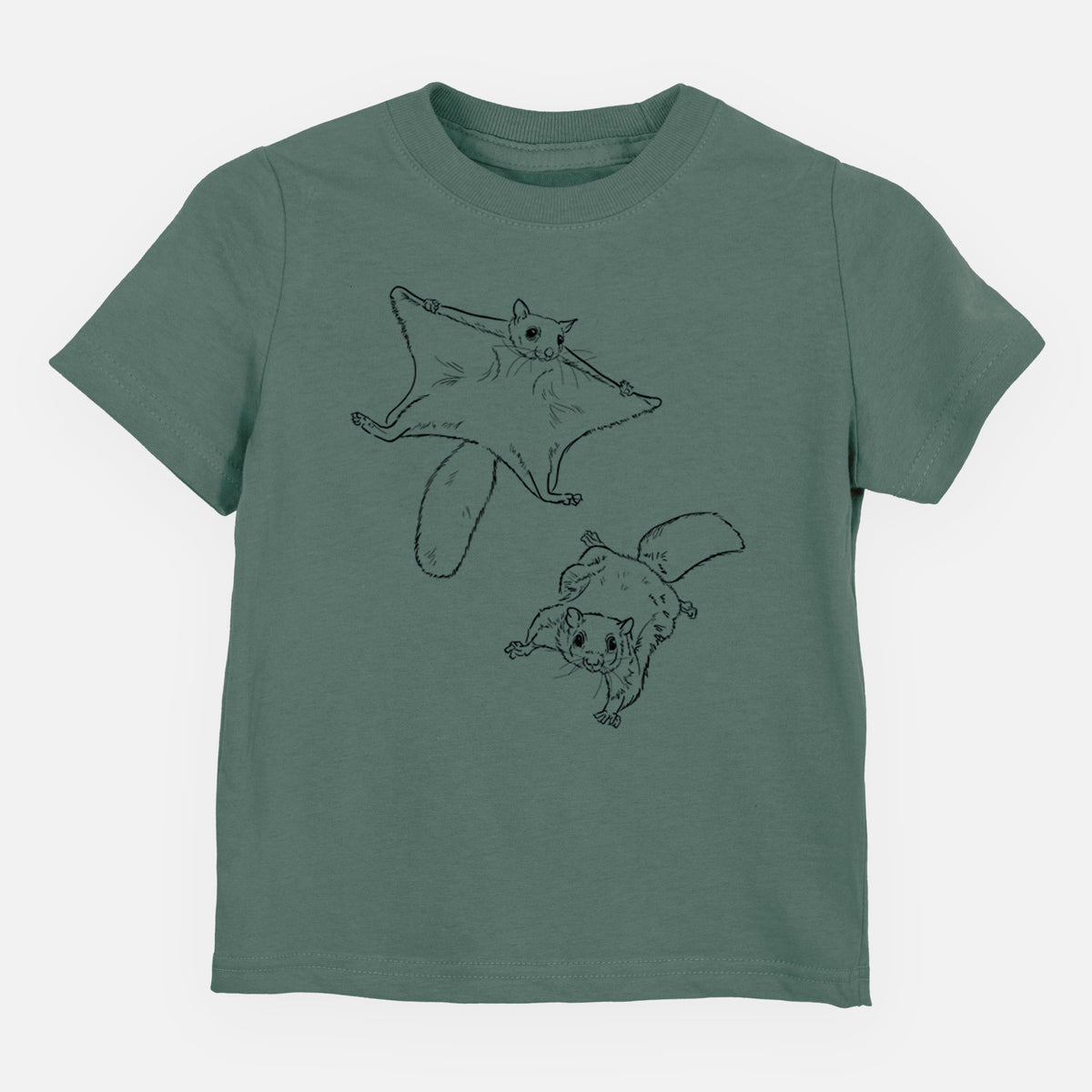 Basil green toddler t-shirt laid flat, printed with a black ink illustration of two flying squirrels gliding with their skin flaps spread.