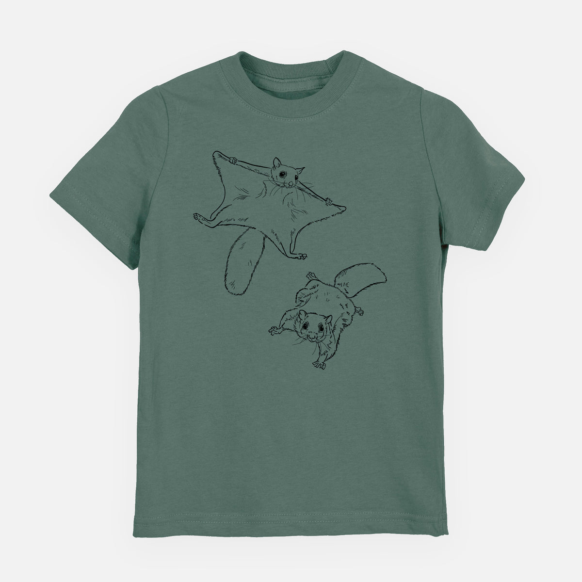 Basil green youth t-shirt laid flat, printed with a black ink illustration of two flying squirrels gliding with their skin flaps spread.