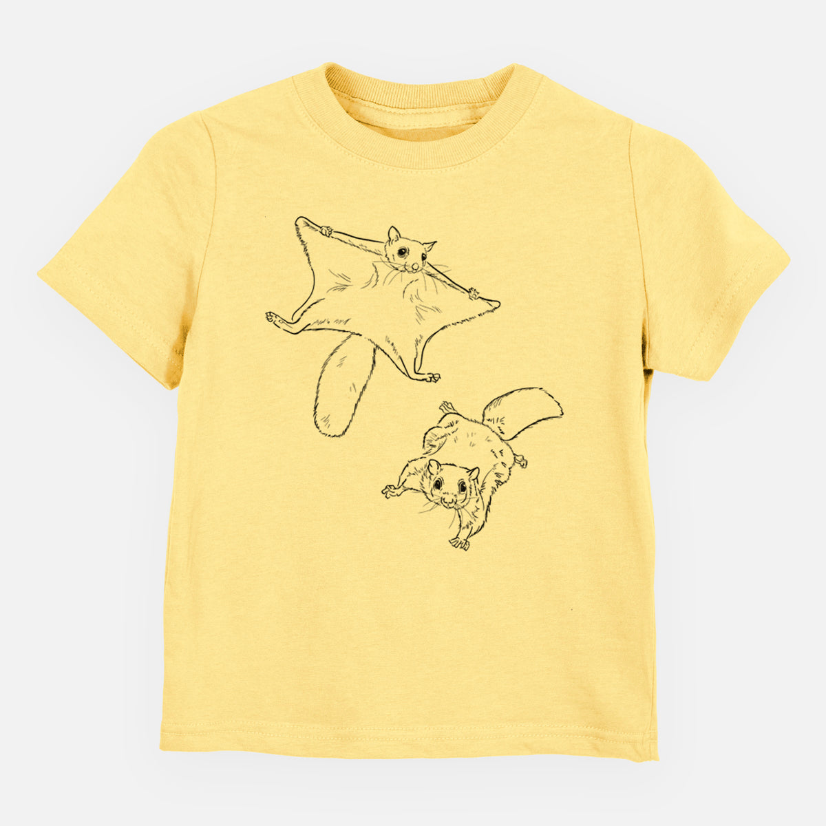 Butter yellow toddler t-shirt laid flat, printed with a black ink illustration of two flying squirrels gliding with their skin flaps spread.