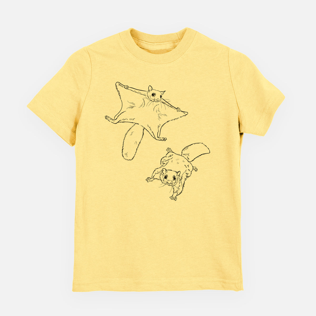 Butter yellow youth t-shirt laid flat, printed with a black ink illustration of two flying squirrels gliding with their skin flaps spread.