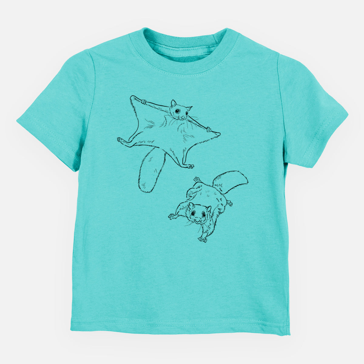 Caribbean blue toddler t-shirt laid flat, printed with a black ink illustration of two flying squirrels gliding with their skin flaps spread.
