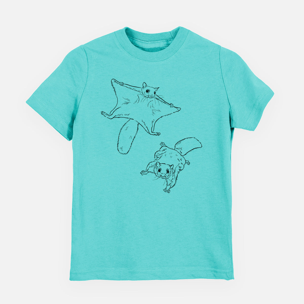 Caribbean blue youth t-shirt laid flat, printed with a black ink illustration of two flying squirrels gliding with their skin flaps spread.