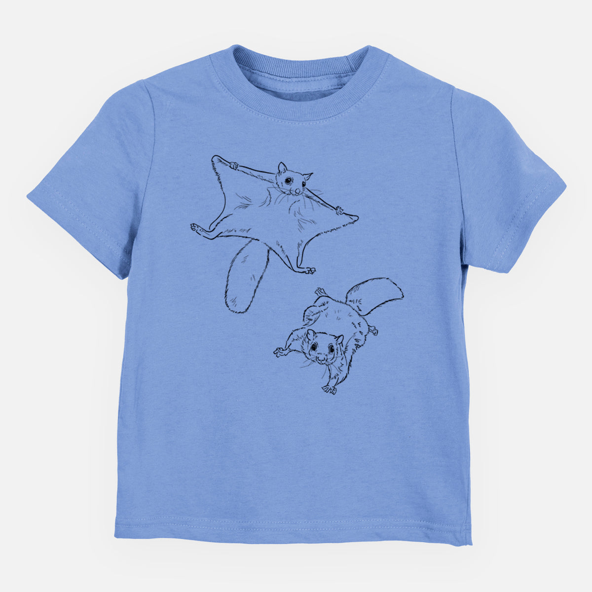 Carolina blue toddler t-shirt laid flat, printed with a black ink illustration of two flying squirrels gliding with their skin flaps spread.