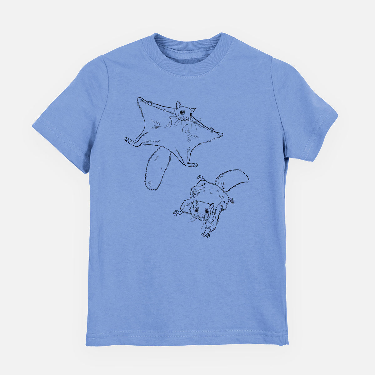 Carolina blue youth t-shirt laid flat, printed with a black ink illustration of two flying squirrels gliding with their skin flaps spread.