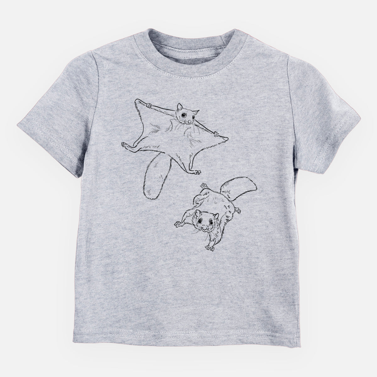 Heather grey toddler t-shirt laid flat, printed with a black ink illustration of two flying squirrels gliding with their skin flaps spread.