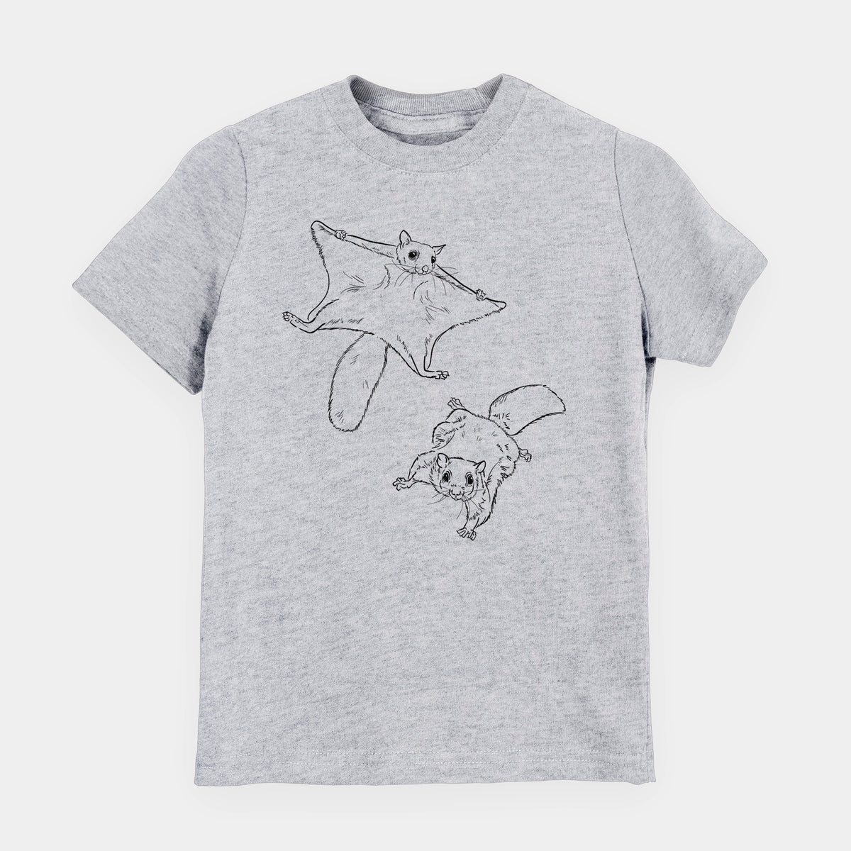Heather grey youth t-shirt laid flat, printed with a black ink illustration of two flying squirrels gliding with their skin flaps spread.