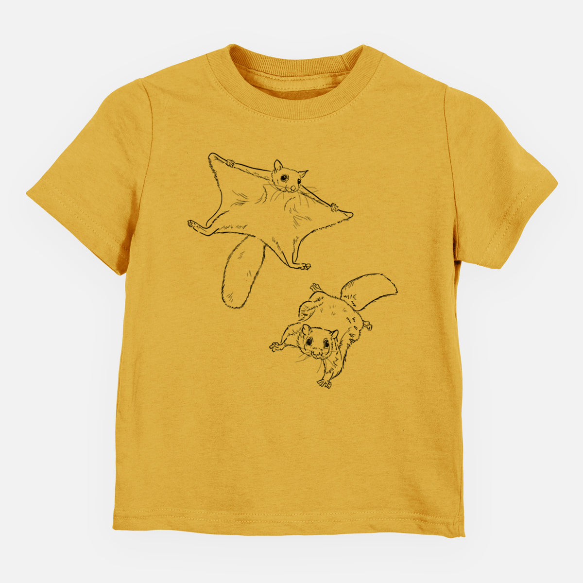 Honeycomb yellow toddler t-shirt laid flat, printed with a black ink illustration of two flying squirrels gliding with their skin flaps spread.