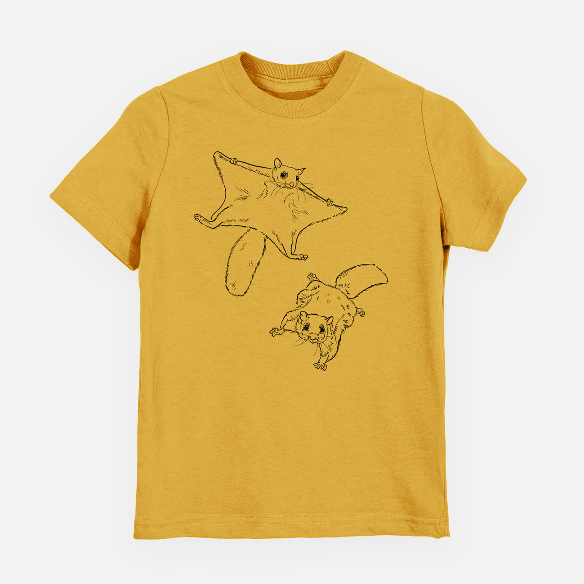 Honeycomb yellow youth t-shirt laid flat, printed with a black ink illustration of two flying squirrels gliding with their skin flaps spread.