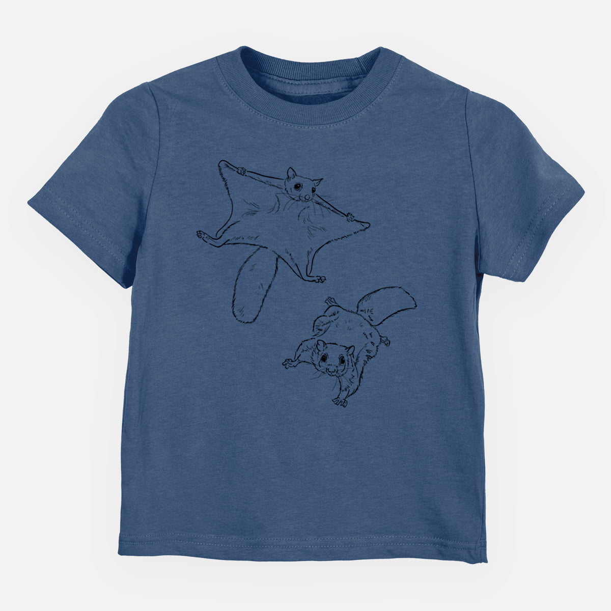 Indigo blue toddler t-shirt laid flat, printed with a black ink illustration of two flying squirrels gliding with their skin flaps spread.