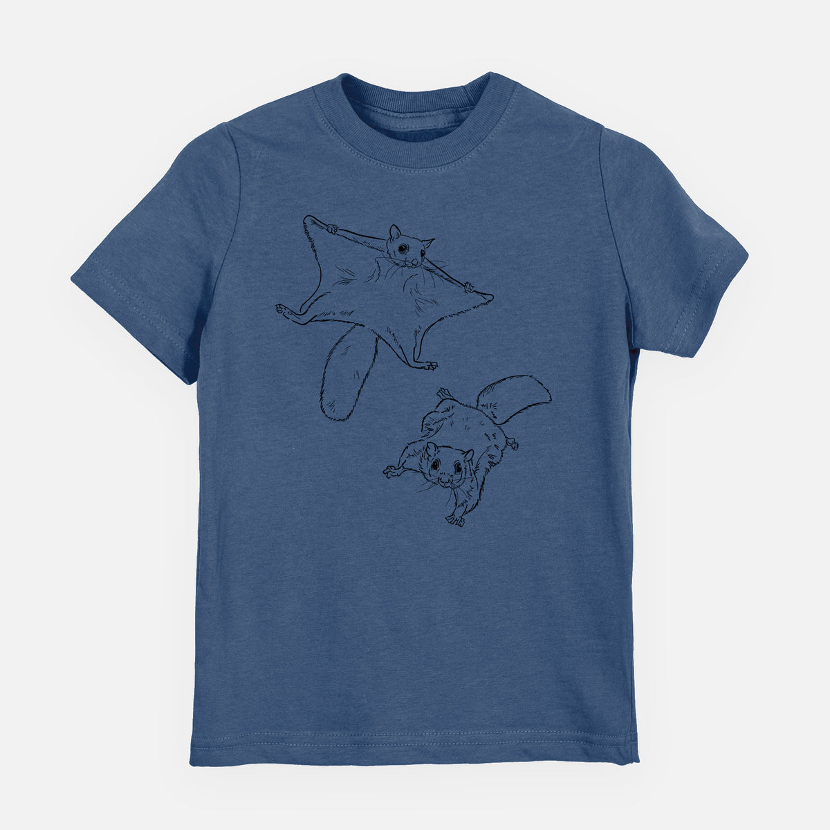 Indigo blue youth t-shirt laid flat, printed with a black ink illustration of two flying squirrels gliding with their skin flaps spread.