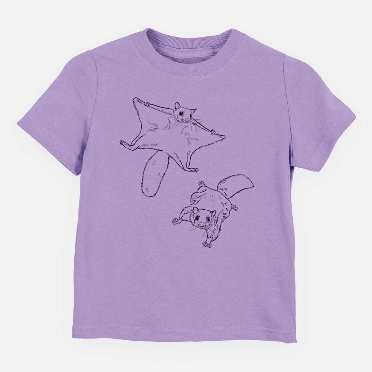 Lavender toddler t-shirt laid flat, printed with a black ink illustration of two flying squirrels gliding with their skin flaps spread.