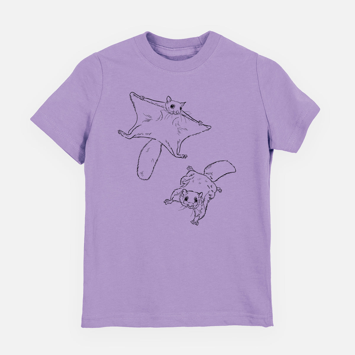Lavender youth t-shirt laid flat, printed with a black ink illustration of two flying squirrels gliding with their skin flaps spread.