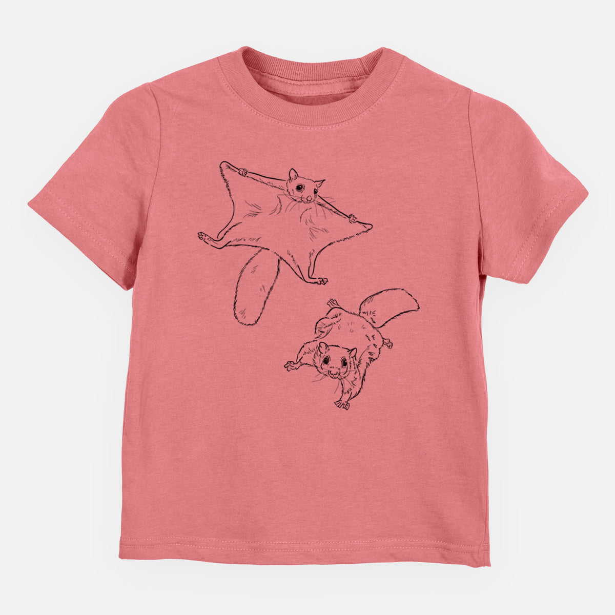 Mauve pink toddler t-shirt laid flat, printed with a black ink illustration of two flying squirrels gliding with their skin flaps spread.