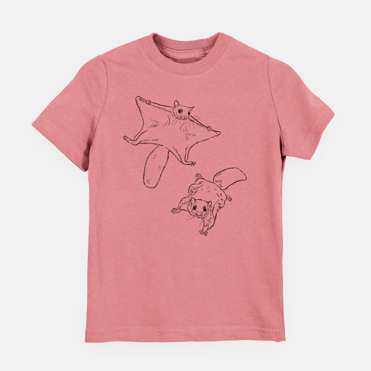 Mauve pink youth t-shirt laid flat, printed with a black ink illustration of two flying squirrels gliding with their skin flaps spread.