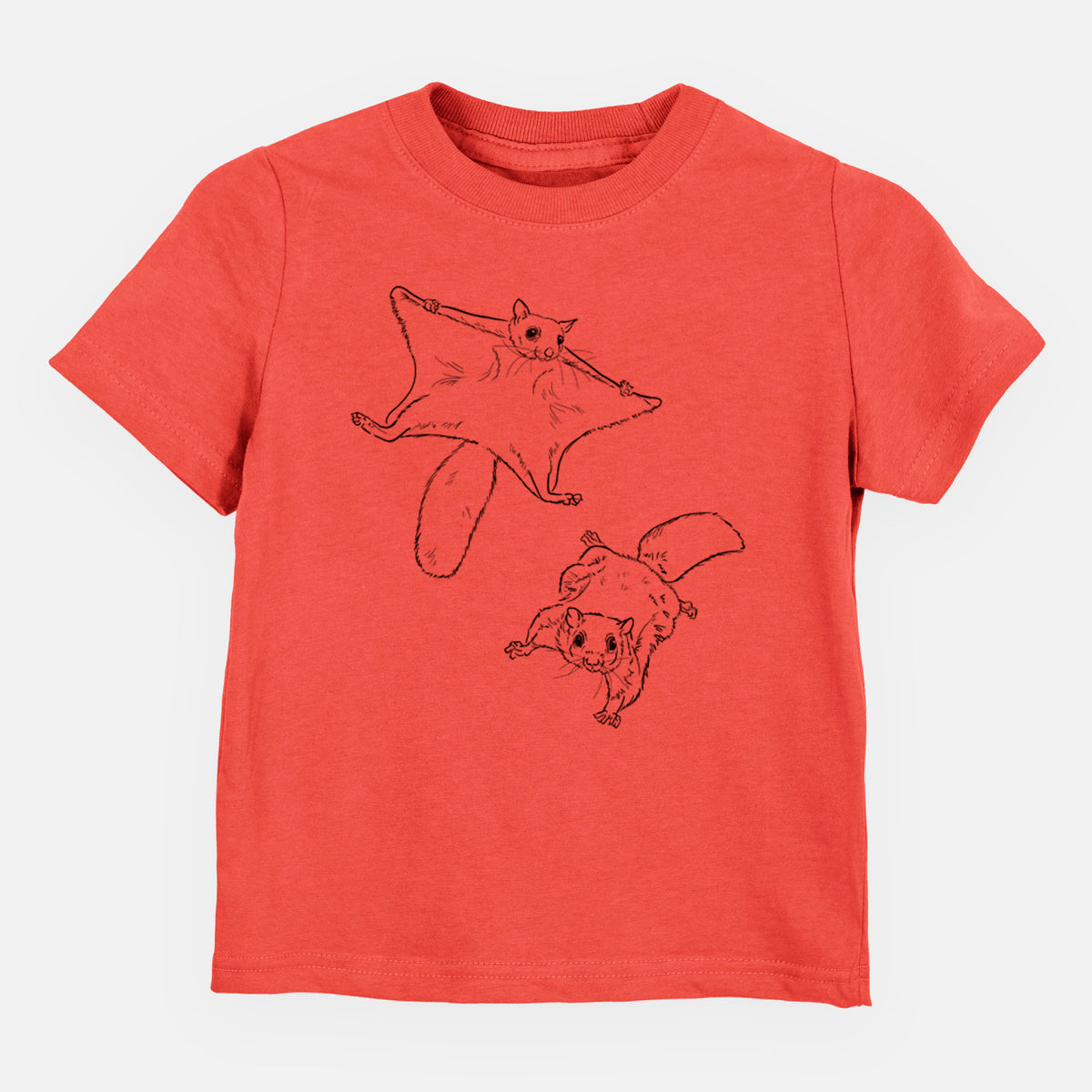 Passionfruit pink toddler t-shirt laid flat, printed with a black ink illustration of two flying squirrels gliding with their skin flaps spread.