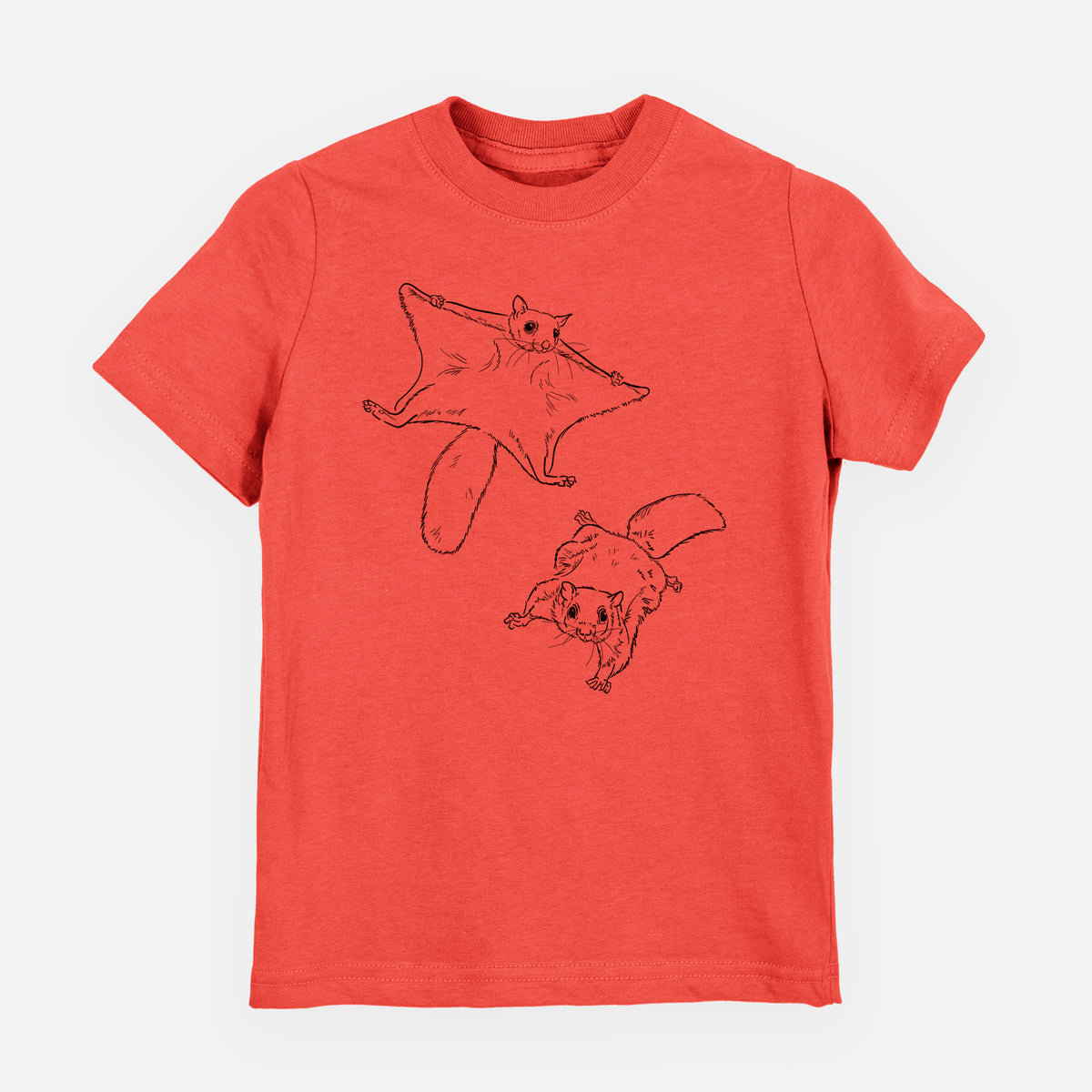 Passionfruit pink youth t-shirt laid flat, printed with a black ink illustration of two flying squirrels gliding with their skin flaps spread.