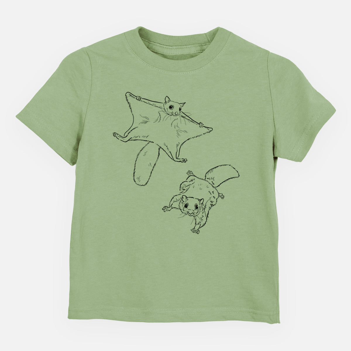 Sage green toddler t-shirt laid flat, printed with a black ink illustration of two flying squirrels gliding with their skin flaps spread.