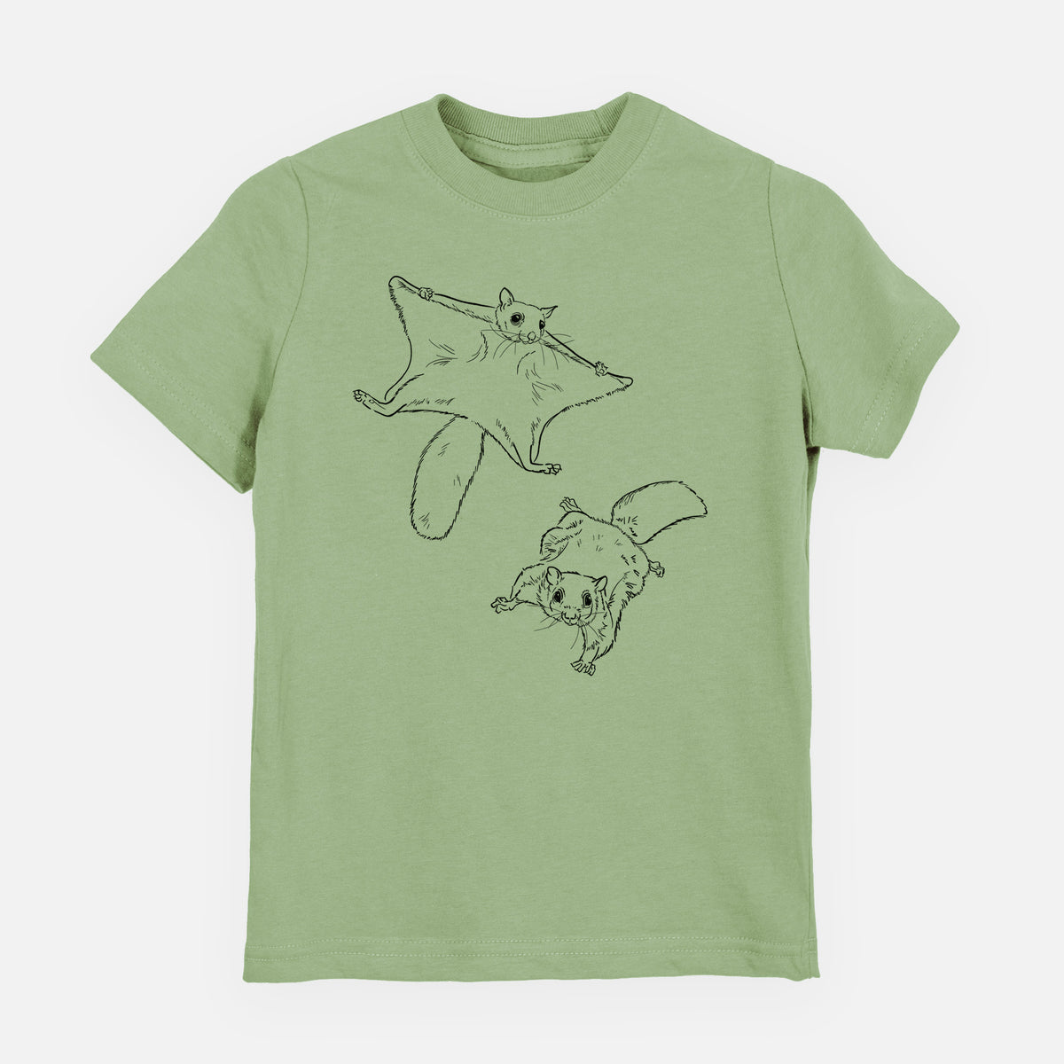 Sage green youth t-shirt laid flat, printed with a black ink illustration of two flying squirrels gliding with their skin flaps spread.
