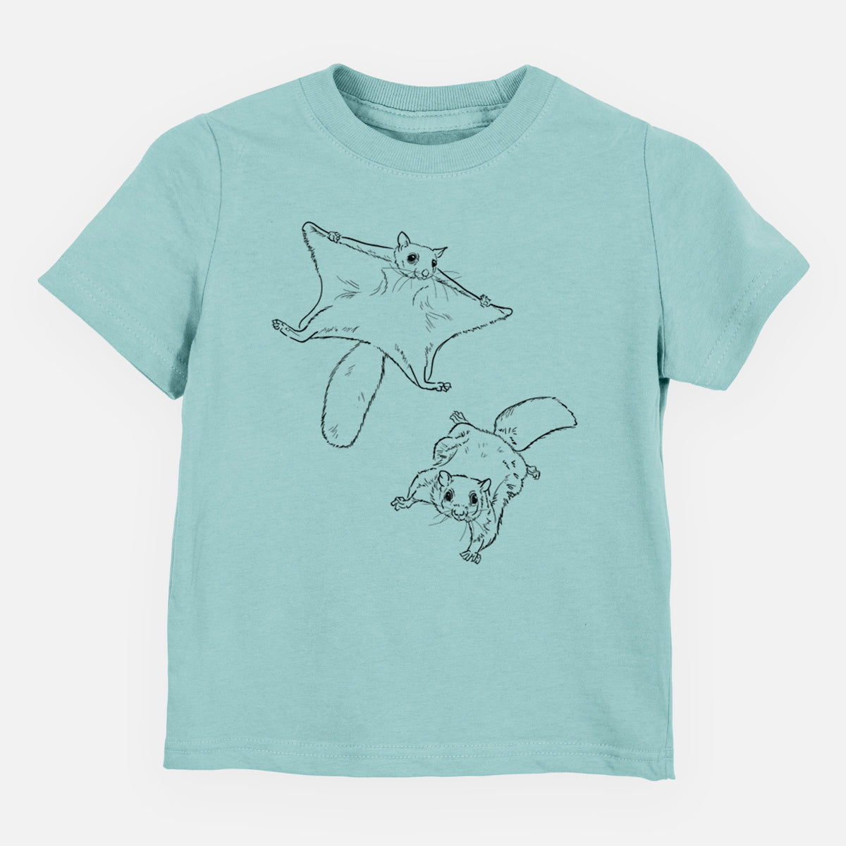 Saltwater toddler t-shirt laid flat, printed with a black ink illustration of two flying squirrels gliding with their skin flaps spread.