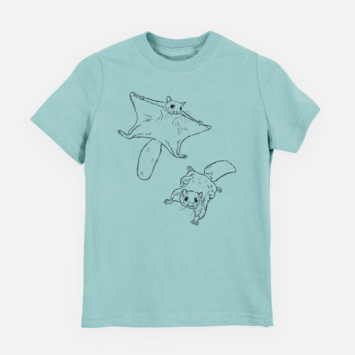 Saltwater youth t-shirt laid flat, printed with a black ink illustration of two flying squirrels gliding with their skin flaps spread.