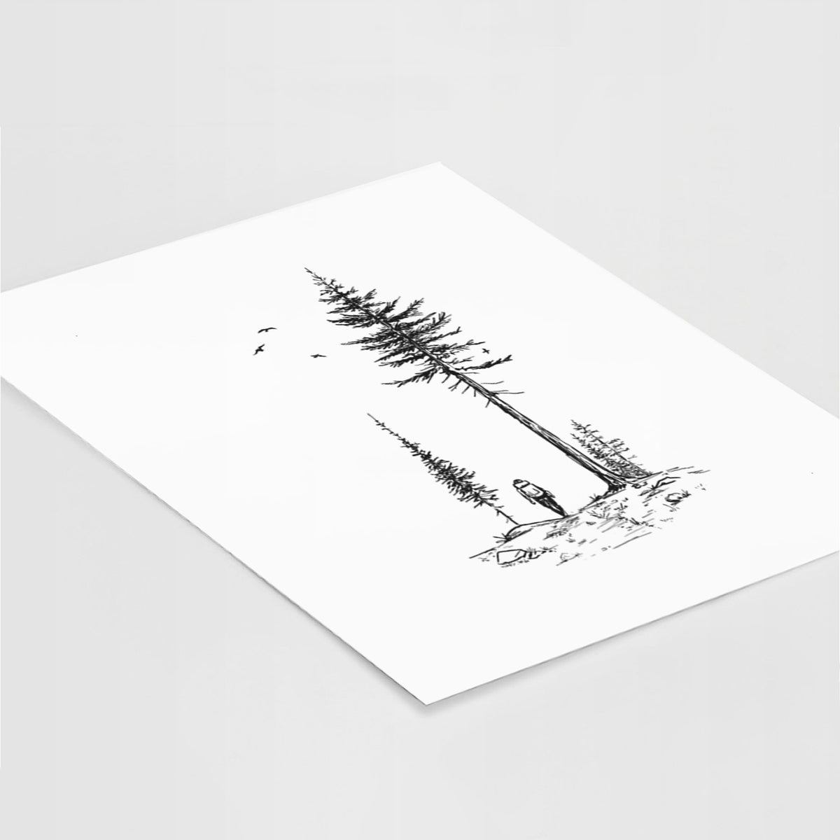 Art print of a black ink illustration of a lone hiker walking between tall pine trees with birds overhead, lying at an angle on a white surface.