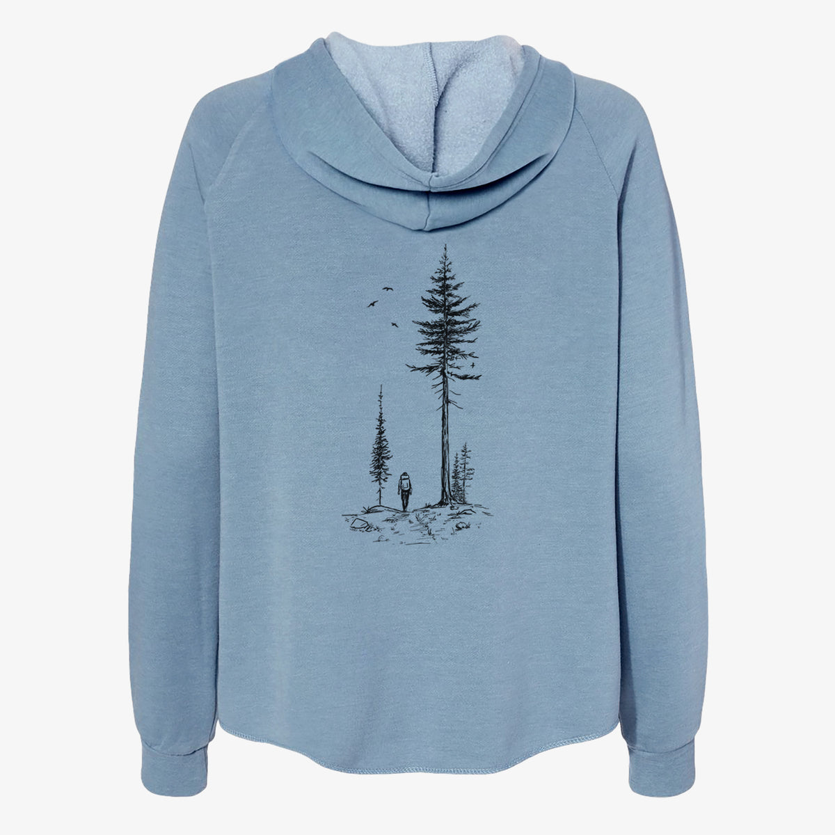 Misty blue women's Cali Wave zip-up sweatshirt laid flat, printed with a black ink illustration of a lone hiker walking between tall pine trees with birds overhead.