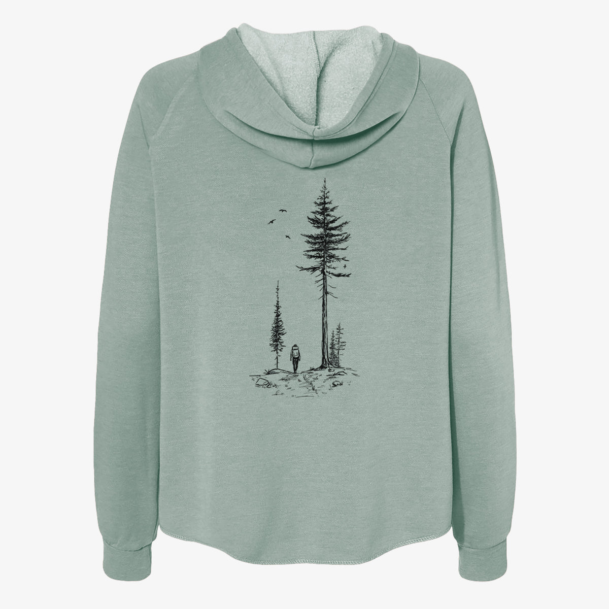 Sage green women's Cali Wave zip-up sweatshirt laid flat, printed with a black ink illustration of a lone hiker walking between tall pine trees with birds overhead.