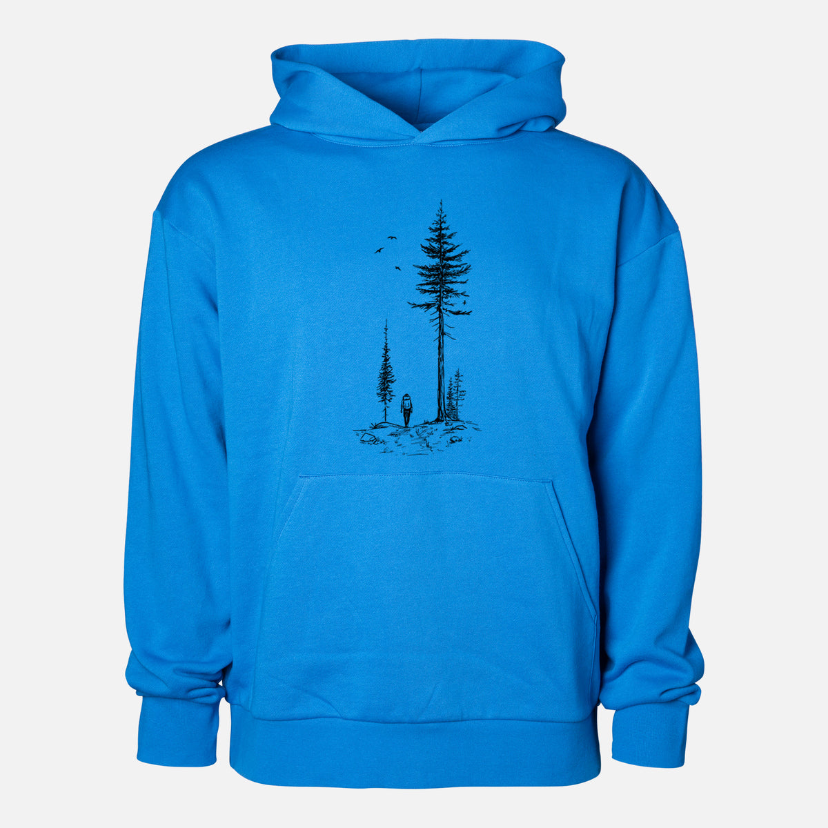 Forest Explorer - Statement Midweight Hoodie in Azure Blue, shown from the front with the design printed on the chest above a front kangaroo pocket.