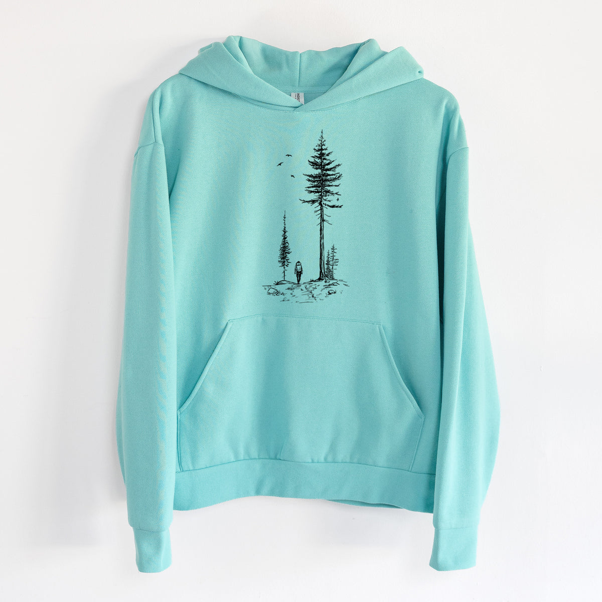 Forest Explorer - Statement Midweight Hoodie in Seafoam, hanging on a white wall, with a front kangaroo pocket and no drawcords.