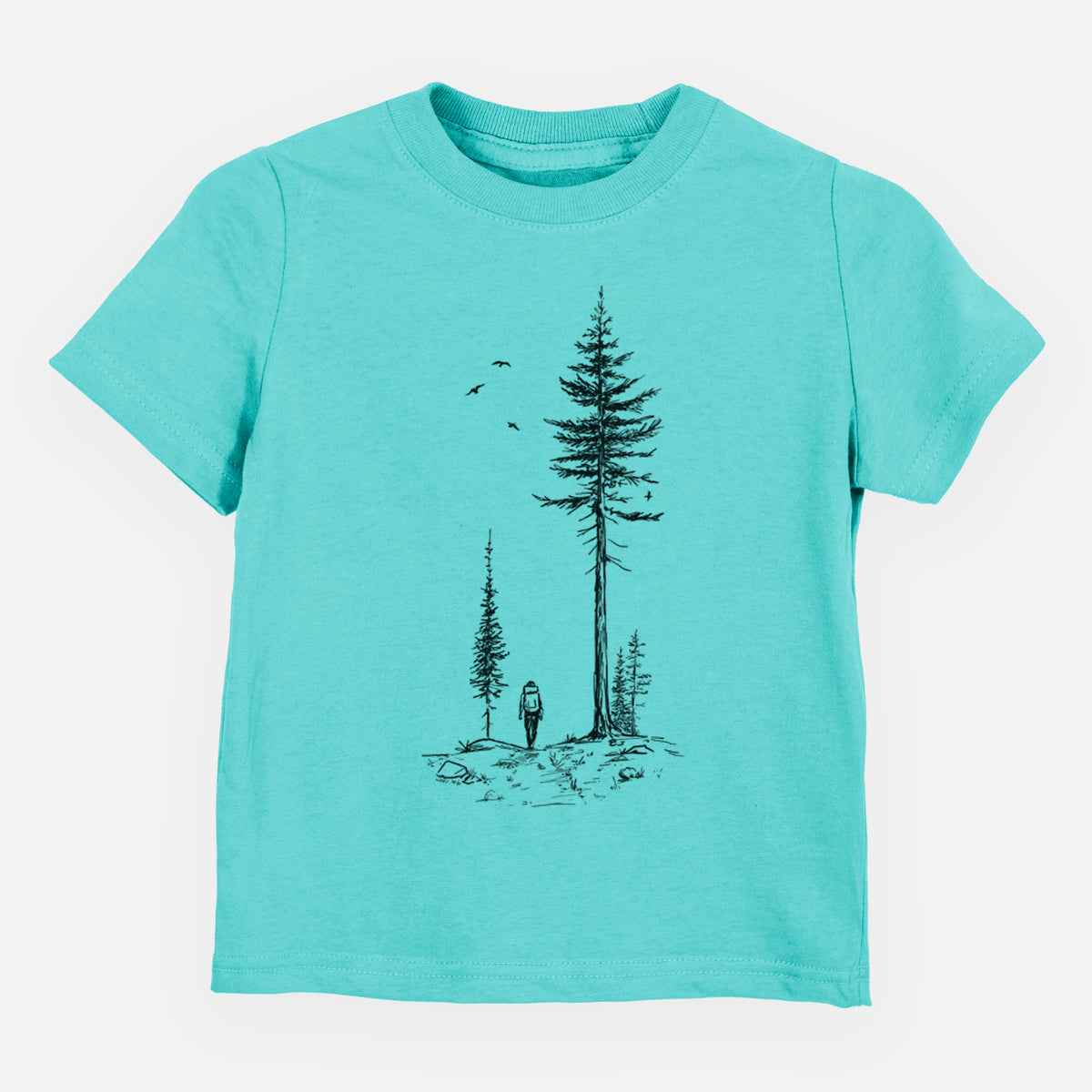 Caribbean blue toddler t-shirt laid flat, printed with a black ink illustration of a lone hiker walking between tall pine trees with birds overhead.
