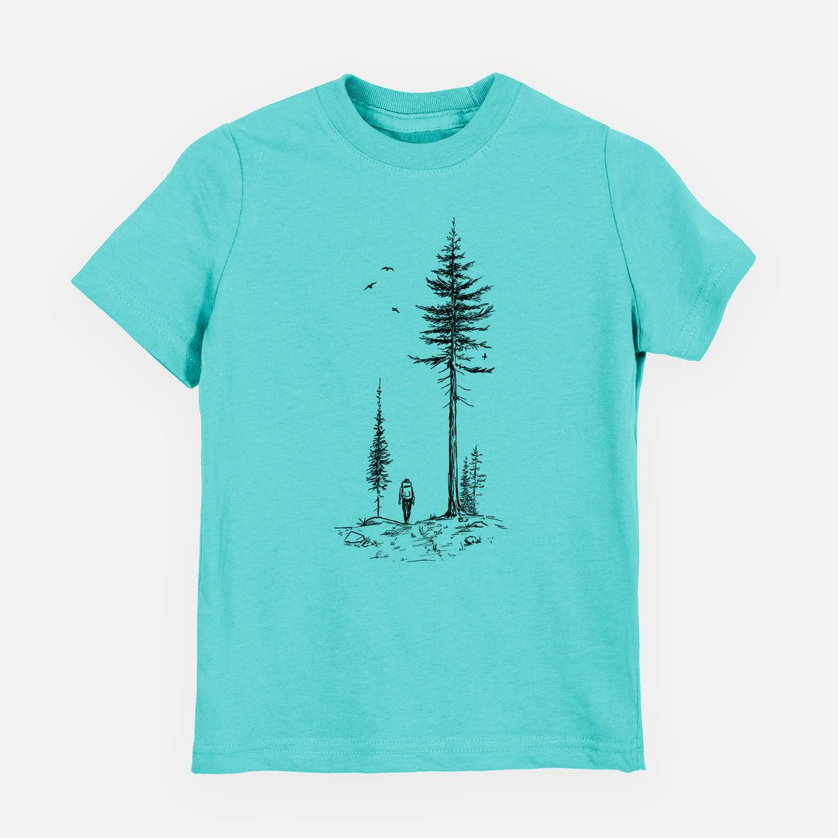 Caribbean blue youth t-shirt laid flat, printed with a black ink illustration of a lone hiker walking between tall pine trees with birds overhead.