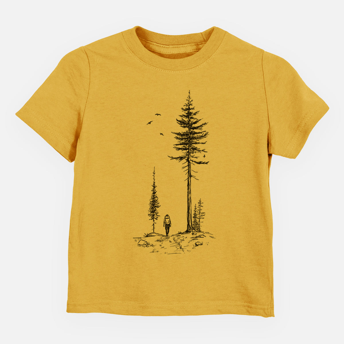 Honeycomb yellow toddler t-shirt laid flat, printed with a black ink illustration of a lone hiker walking between tall pine trees with birds overhead.