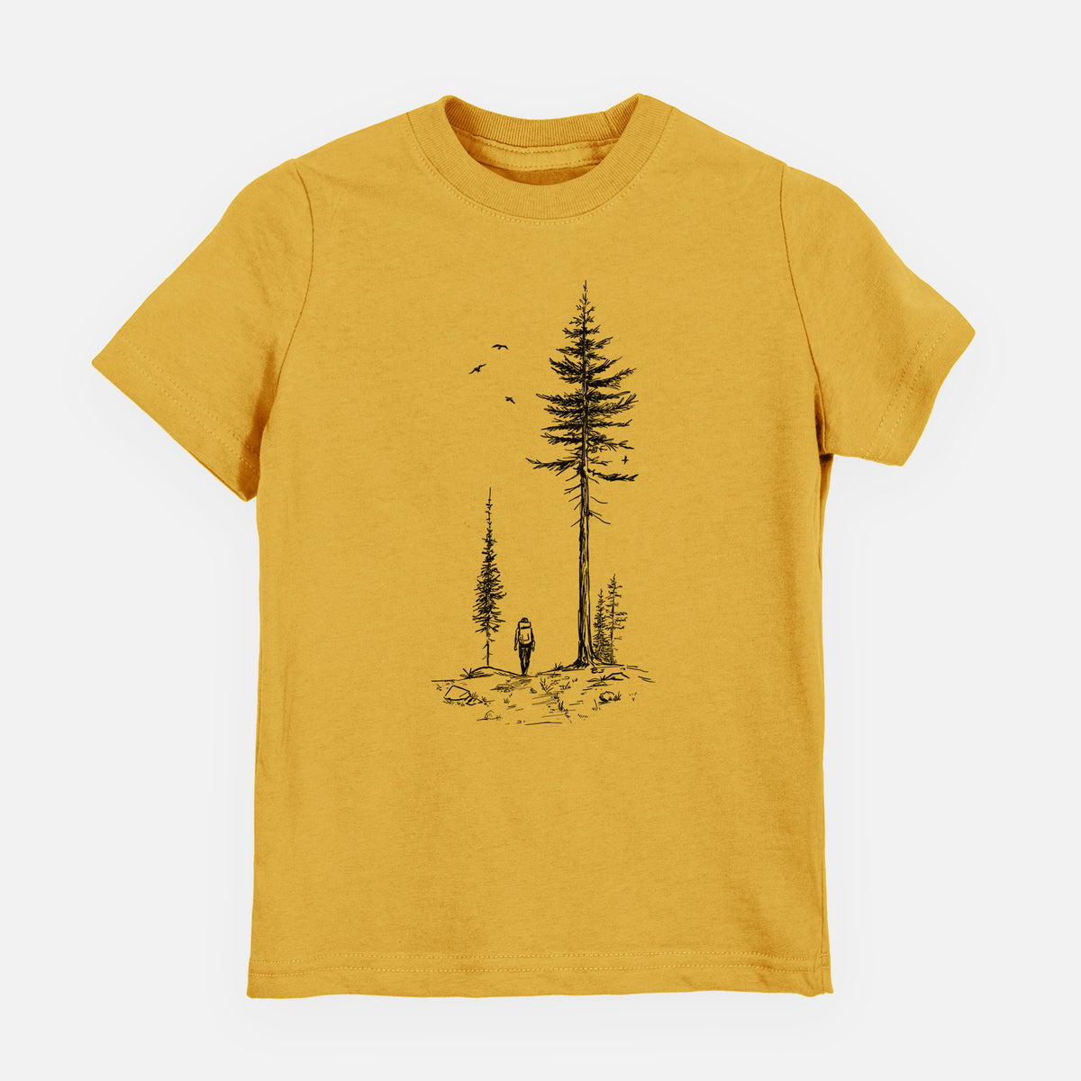 Honeycomb yellow youth t-shirt laid flat, printed with a black ink illustration of a lone hiker walking between tall pine trees with birds overhead.
