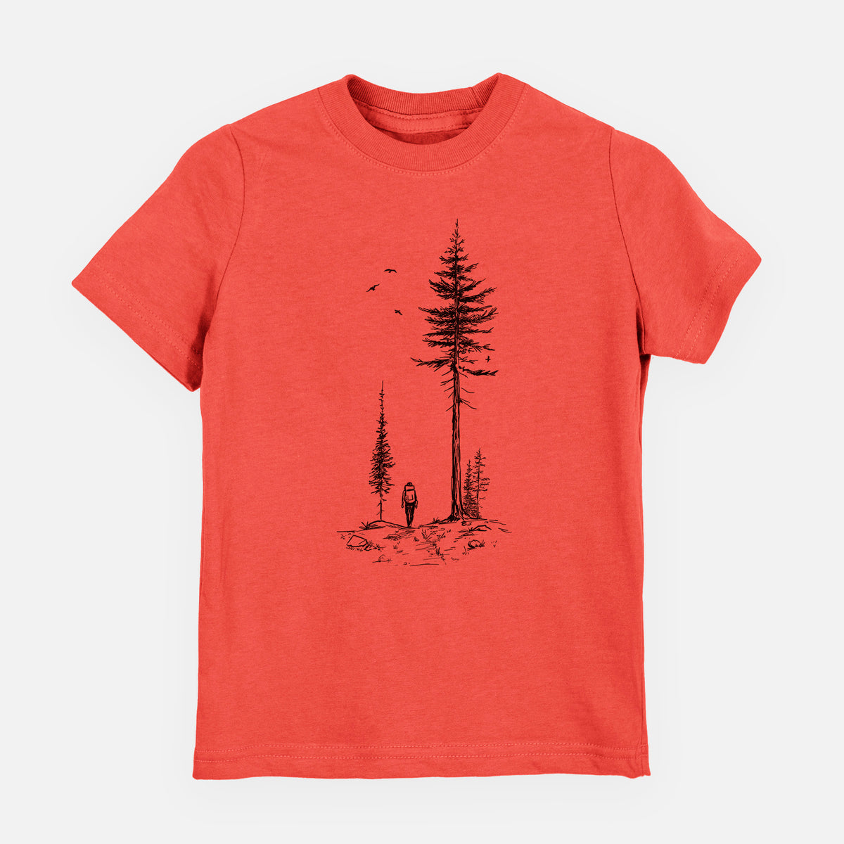 Passionfruit pink youth t-shirt laid flat, printed with a black ink illustration of a lone hiker walking between tall pine trees with birds overhead.