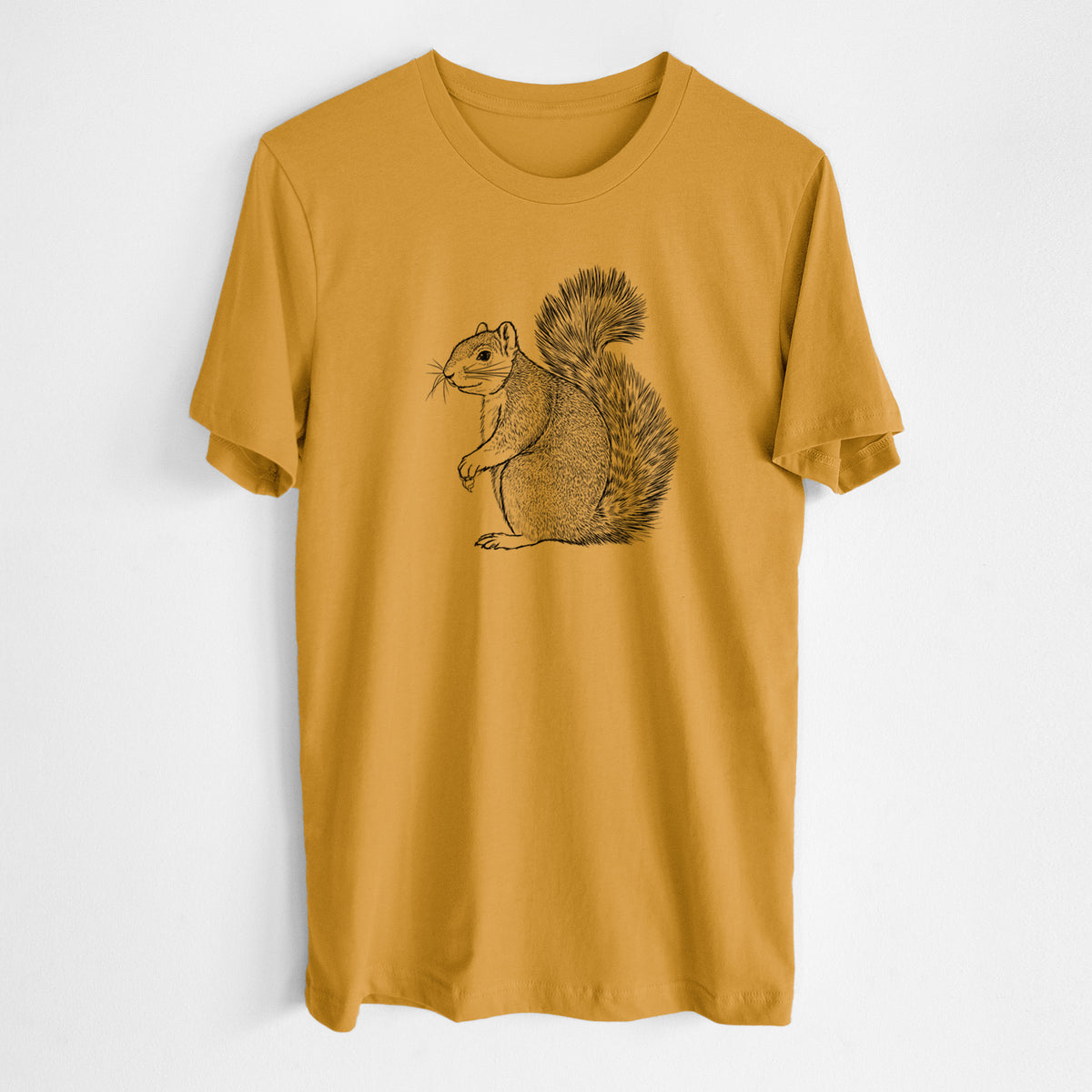 Honeycomb yellow lightweight cotton t-shirt laid flat, printed with a detailed black ink illustration of a fox squirrel sitting with a bushy tail.