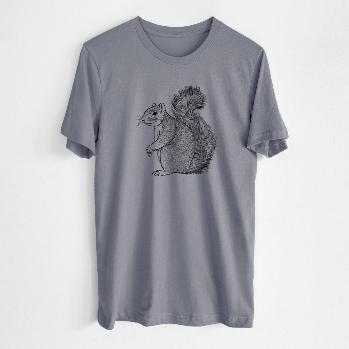 Storm grey lightweight cotton t-shirt laid flat, printed with a detailed black ink illustration of a fox squirrel sitting with a bushy tail.
