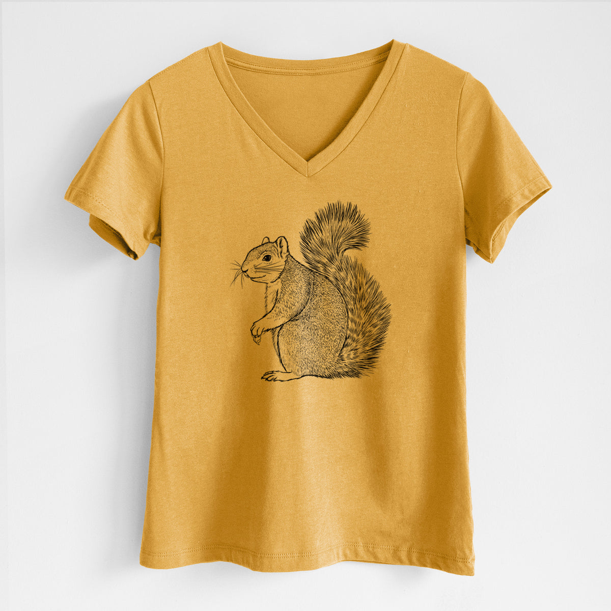 Honeycomb yellow women's relaxed fit cotton V-neck t-shirt laid flat, printed with a detailed black ink illustration of a fox squirrel sitting with a bushy tail.
