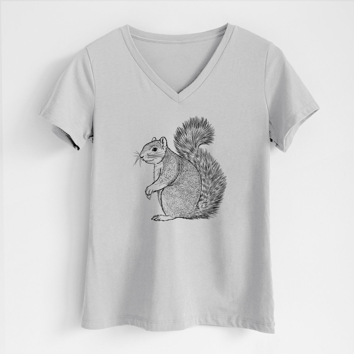 Lunar grey women's relaxed fit cotton V-neck t-shirt laid flat, printed with a detailed black ink illustration of a fox squirrel sitting with a bushy tail.