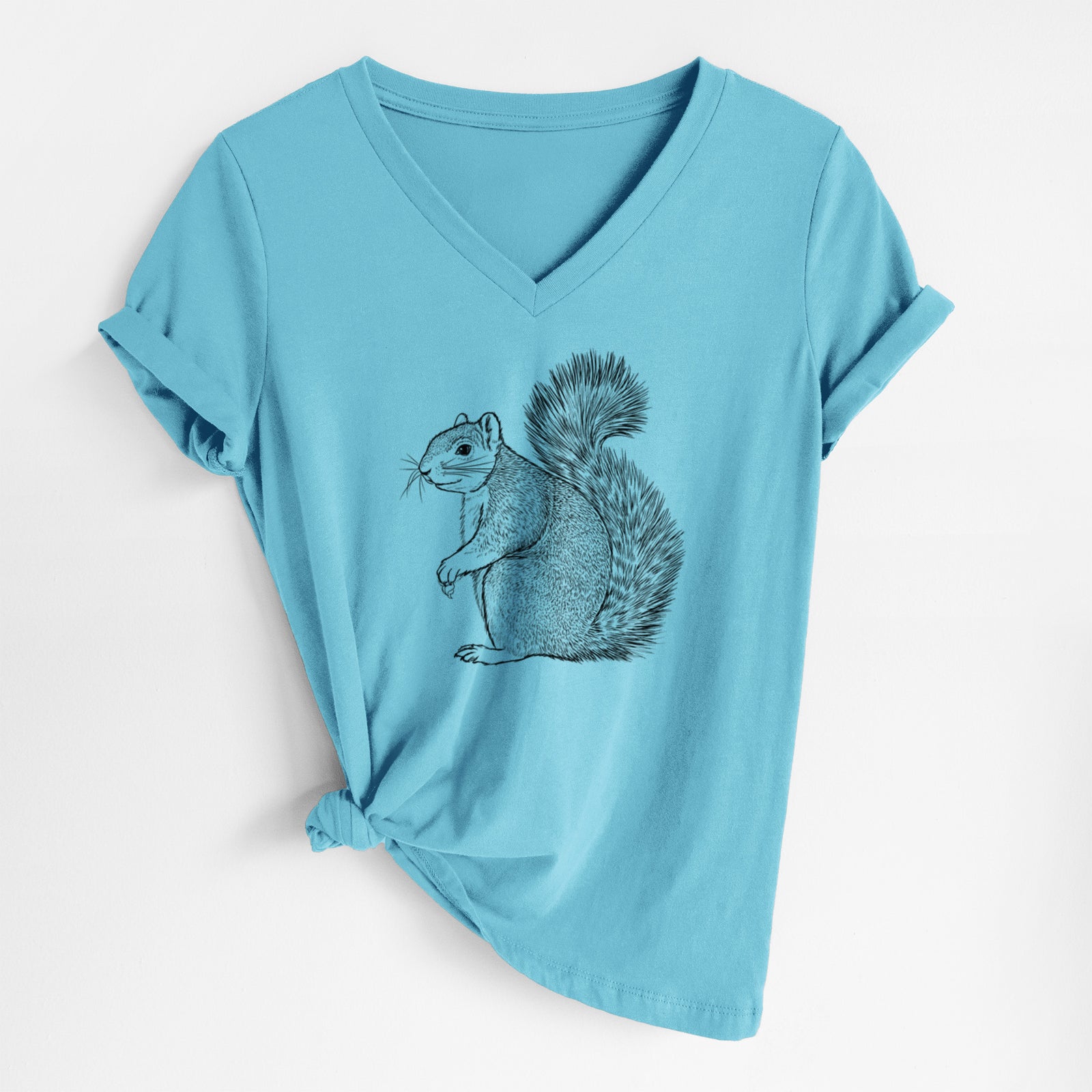 Turquoise women's relaxed fit cotton V-neck t-shirt laid flat, printed with a detailed black ink illustration of a fox squirrel sitting with a bushy tail.