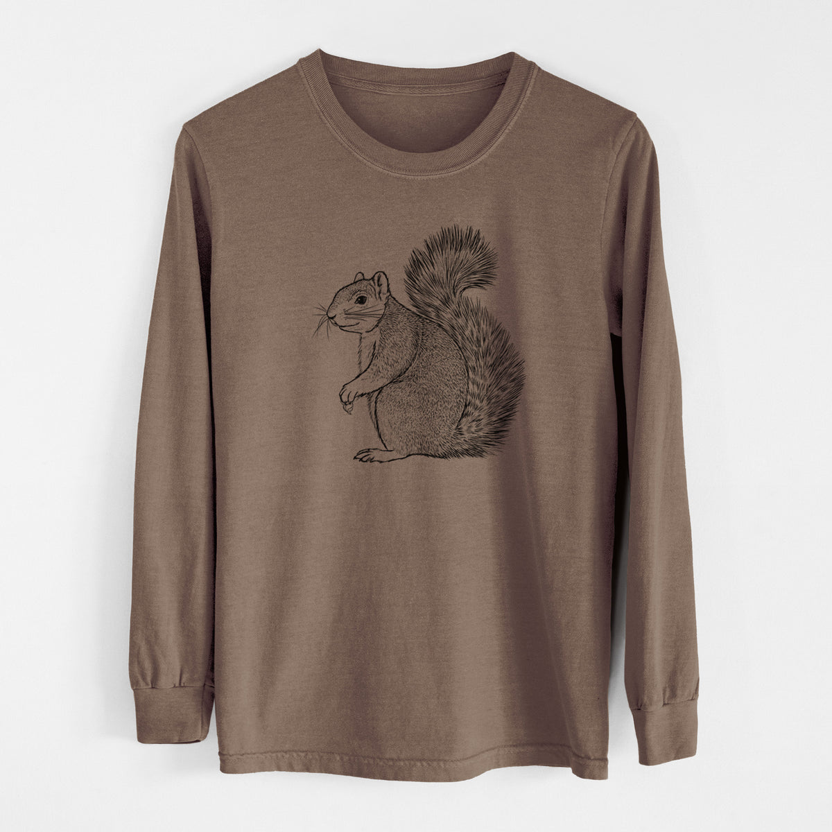 Espresso brown Comfort Colors long sleeve shirt laid flat, printed with a detailed black ink illustration of a fox squirrel sitting with a bushy tail.