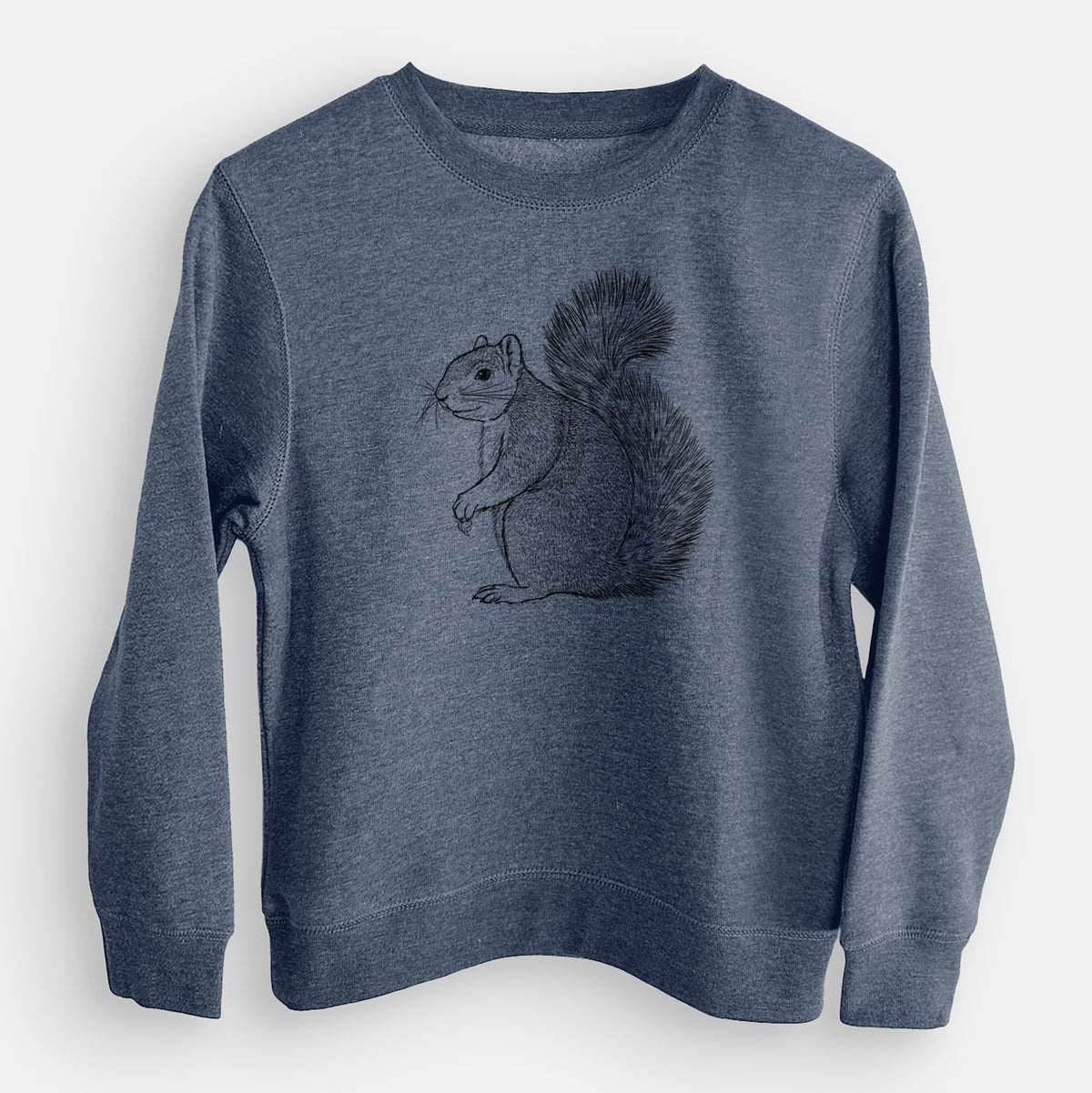 Storm blue youth crewneck sweatshirt laid flat, printed with a detailed black ink illustration of a fox squirrel sitting with a bushy tail.