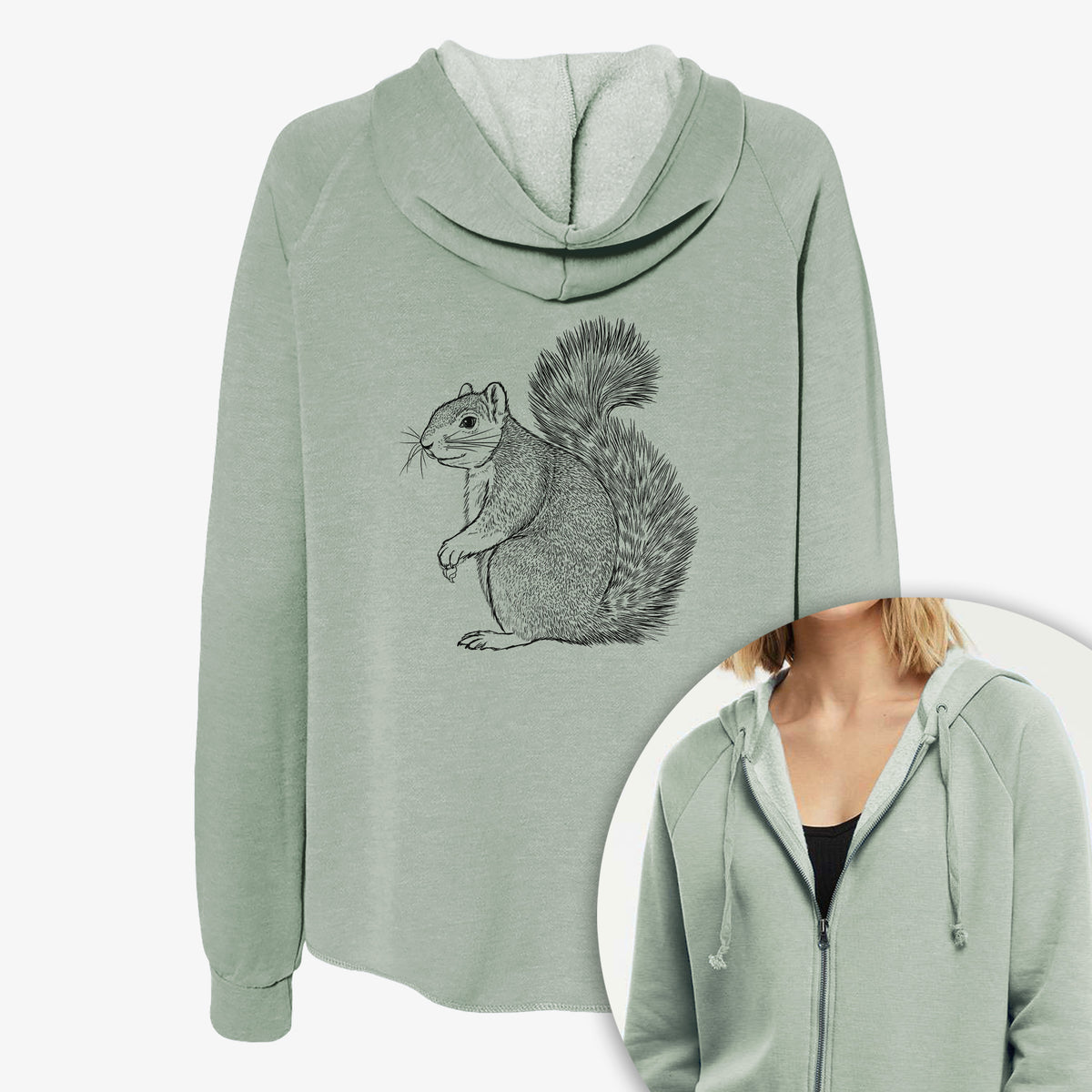Women's Cali Wave zip-up sweatshirt printed with a detailed black ink illustration of a fox squirrel sitting with a bushy tail, with a close-up of the zipper.