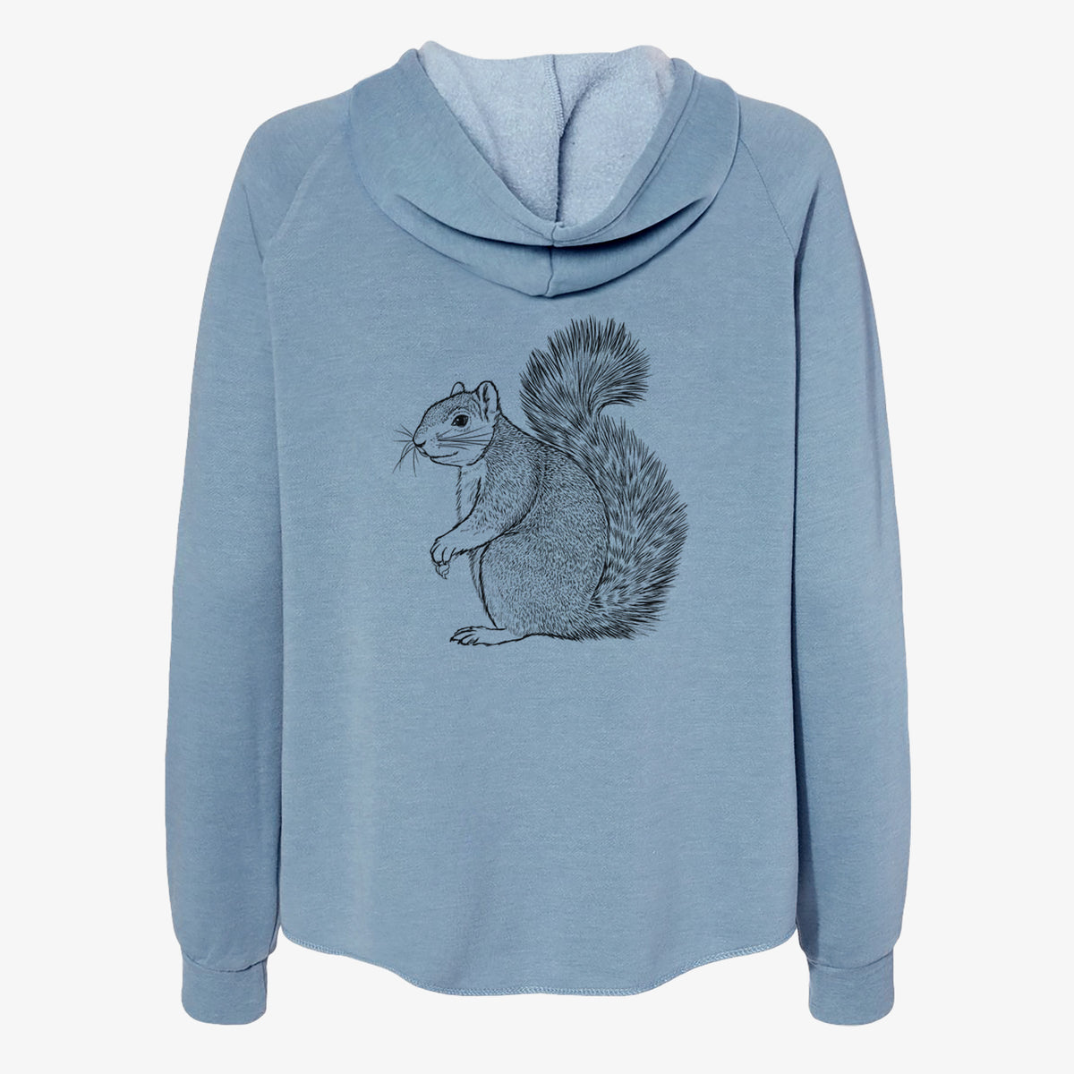 Misty blue women's Cali Wave zip-up sweatshirt laid flat, printed with a detailed black ink illustration of a fox squirrel sitting with a bushy tail.